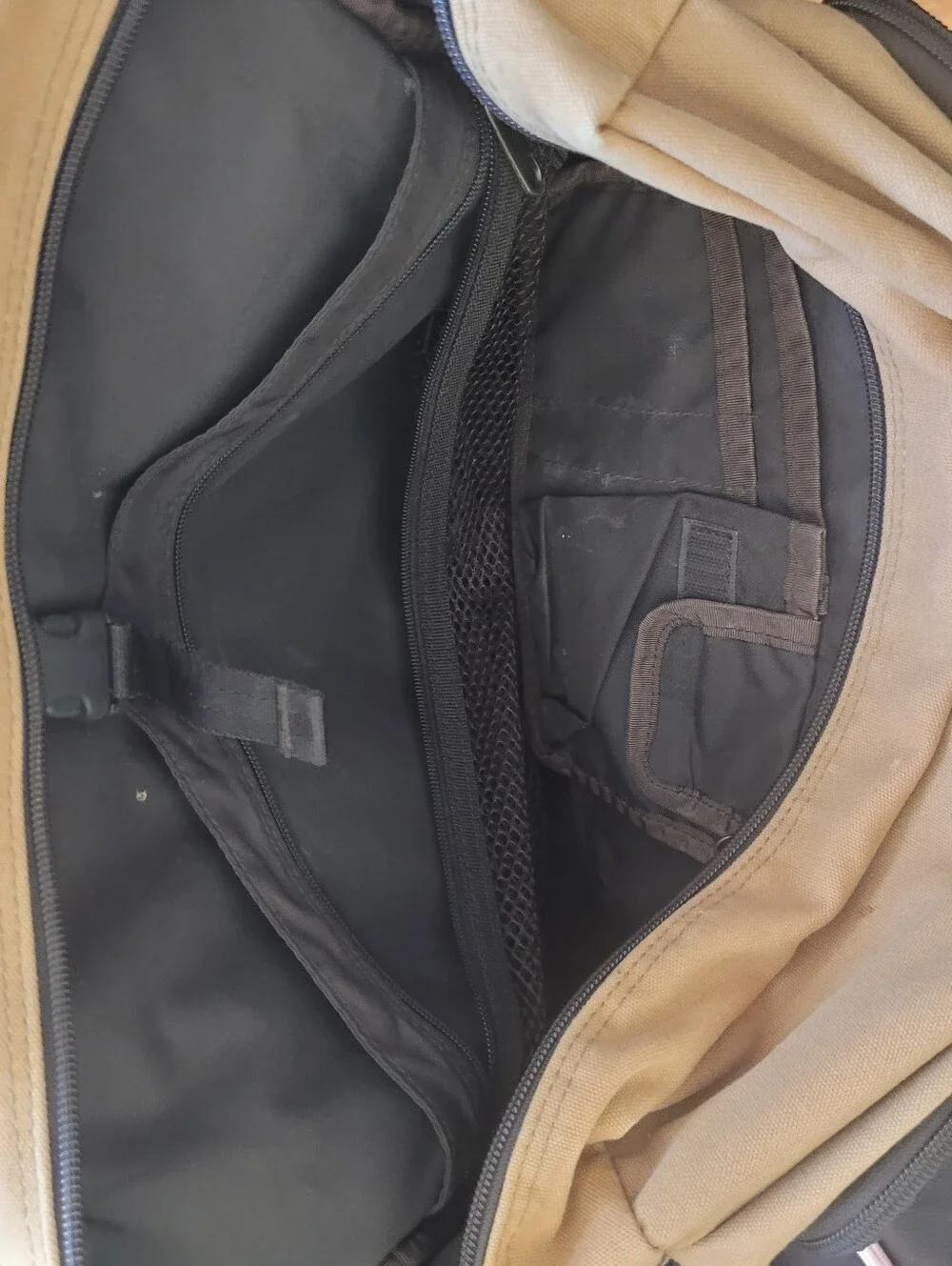 Eddie Bauer Tan and Dark Brown Canvas Messenger Bag with Black Trim